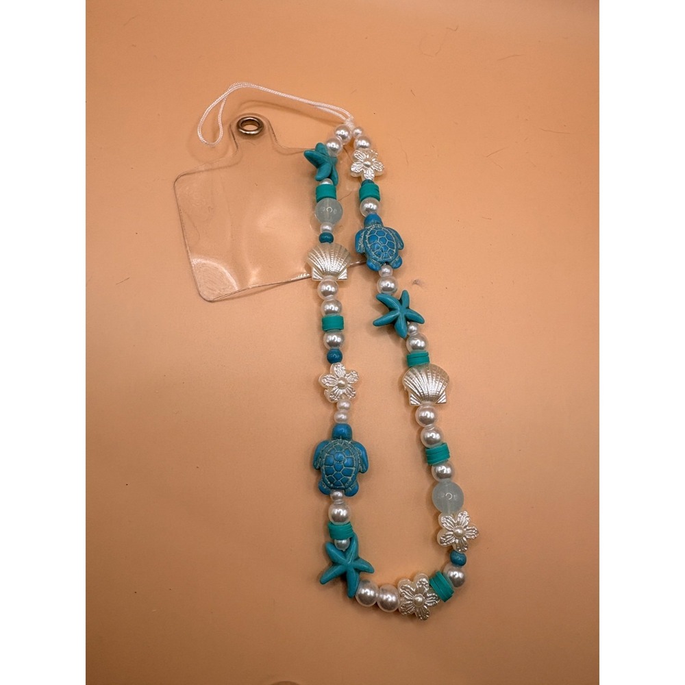 Blue and White‎ Beachy Phone Lanyard with Turtles and Sea Shells